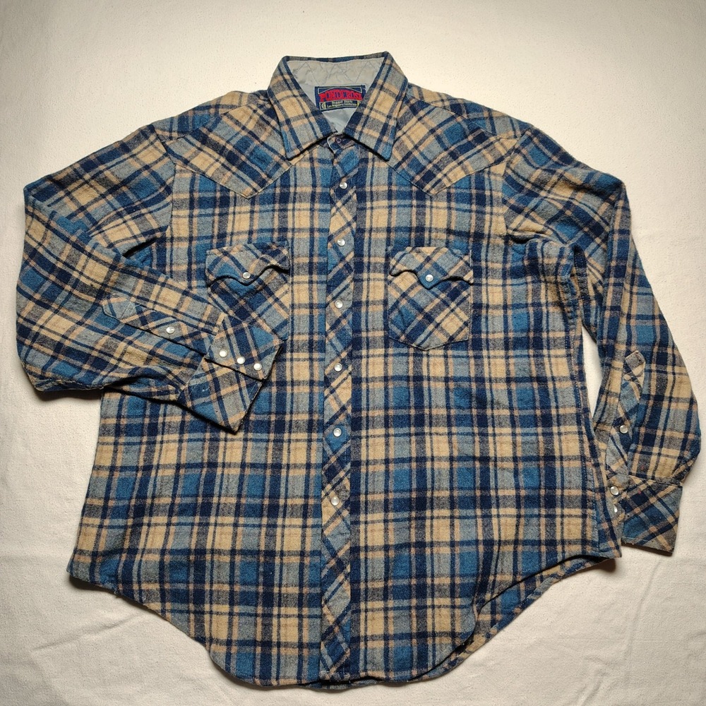 Vintage Ponderosa Mens Western Flannel Shirt XL Blue Plaid Wool Pearl Snap Quilt